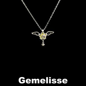 gemelisse angel wing necklace – purple & yellow gemstone pendant with star charm, sterling silver chain for women