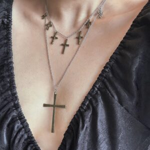 Gemelisse Layered Cross Necklace Set - Mixed Metal Cross Pendant Choker with Gold & Silver Chains for Women