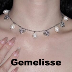 Gemelisse Pearl & Crystal Heart Necklace - Layered Silver Chain with Sparkling Prism Pendants for Women